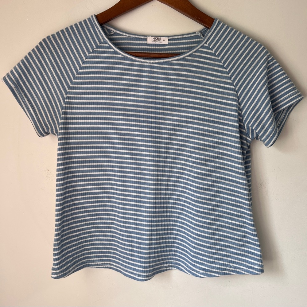 Ardene Blue and White Striped Short Sleeve Crop Tee Small